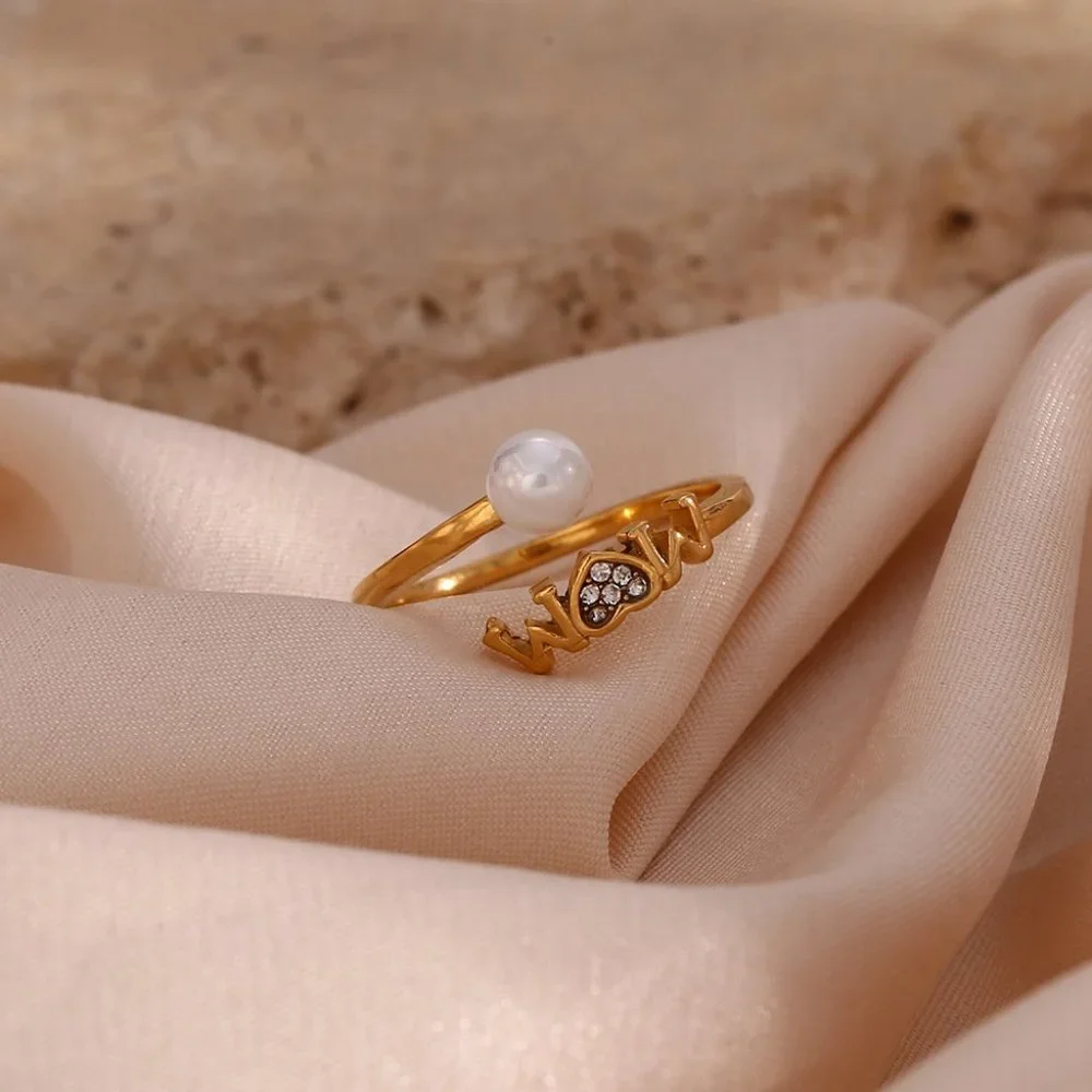 Mom Adjustable Pearl Zircon Heart Stackable Ring 18K Gold Plated Stainless Steel - Picture 7 of 11